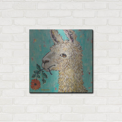 Luxe Metal Art 'Flower Eating Llama' by Holly Wojhan, Metal Wall Art,24x24