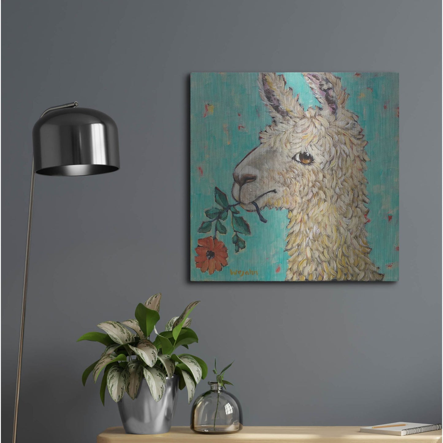 Luxe Metal Art 'Flower Eating Llama' by Holly Wojhan, Metal Wall Art,24x24
