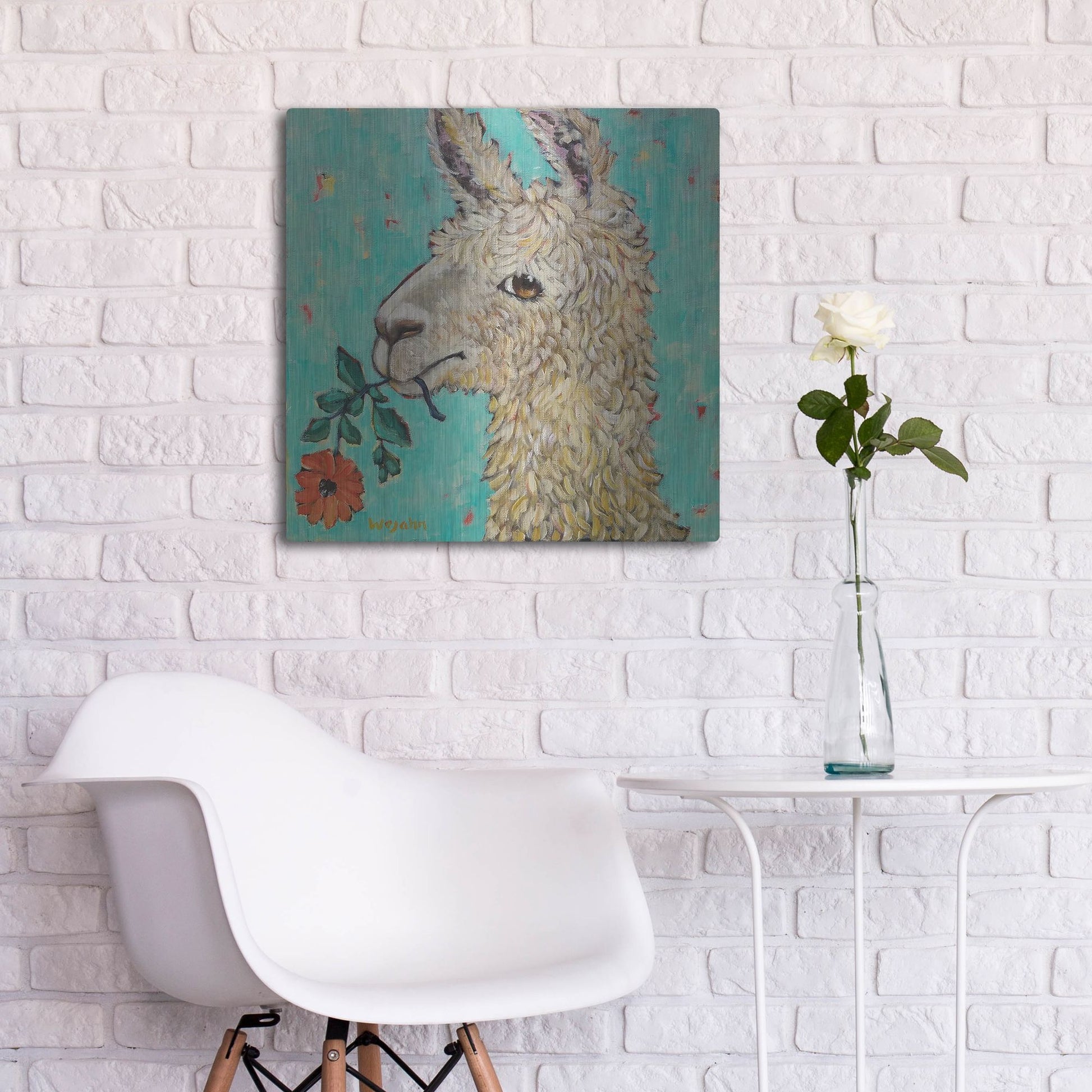 Luxe Metal Art 'Flower Eating Llama' by Holly Wojhan, Metal Wall Art,24x24