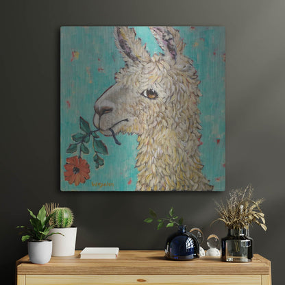 Luxe Metal Art 'Flower Eating Llama' by Holly Wojhan, Metal Wall Art,24x24