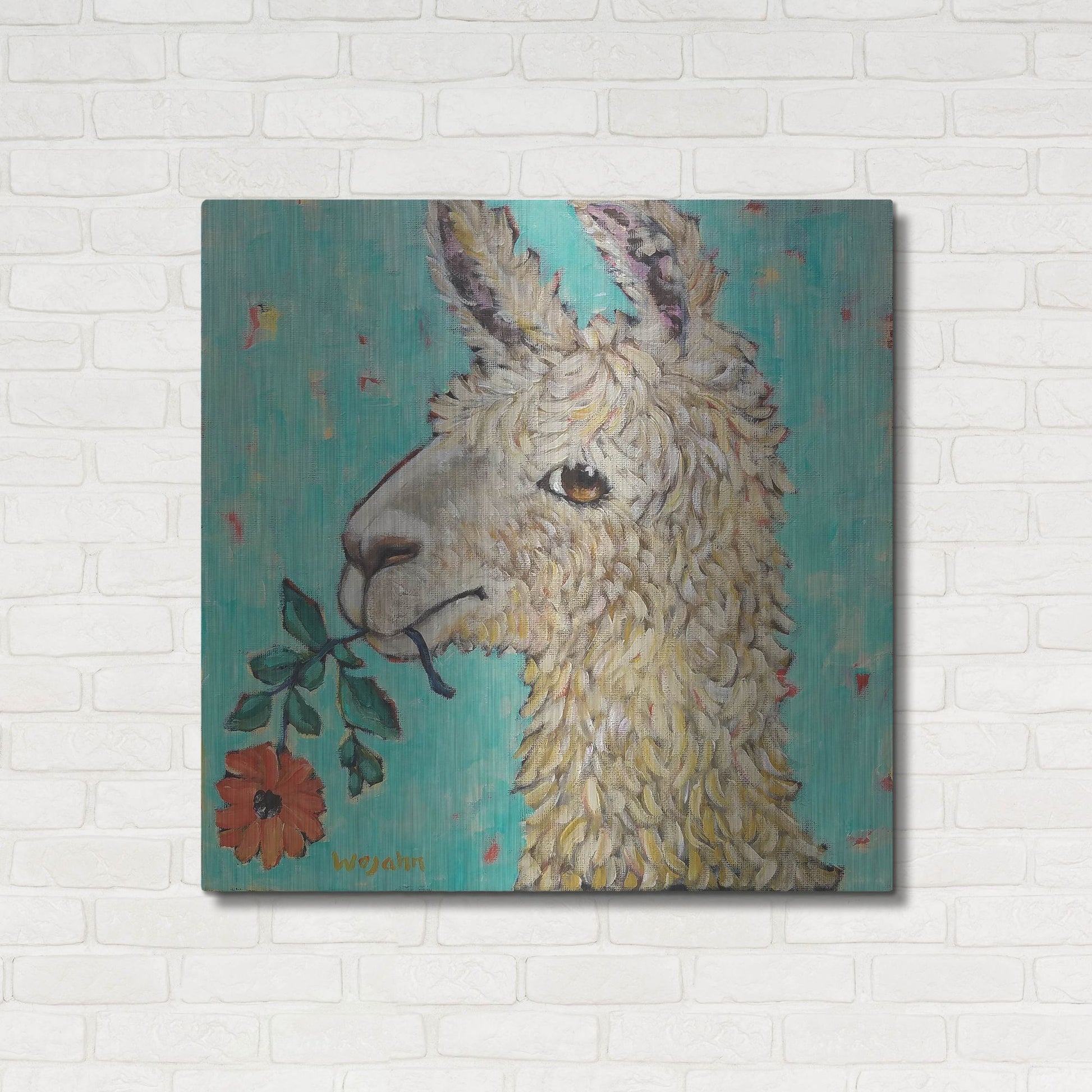 Luxe Metal Art 'Flower Eating Llama' by Holly Wojhan, Metal Wall Art,36x36