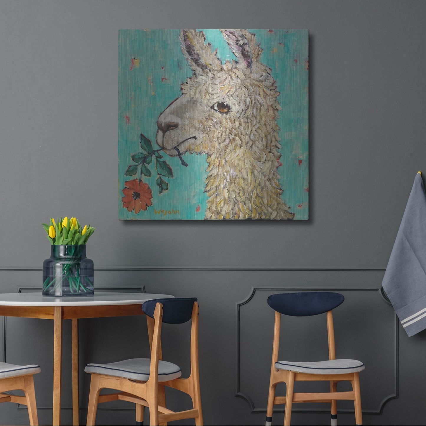 Luxe Metal Art 'Flower Eating Llama' by Holly Wojhan, Metal Wall Art,36x36