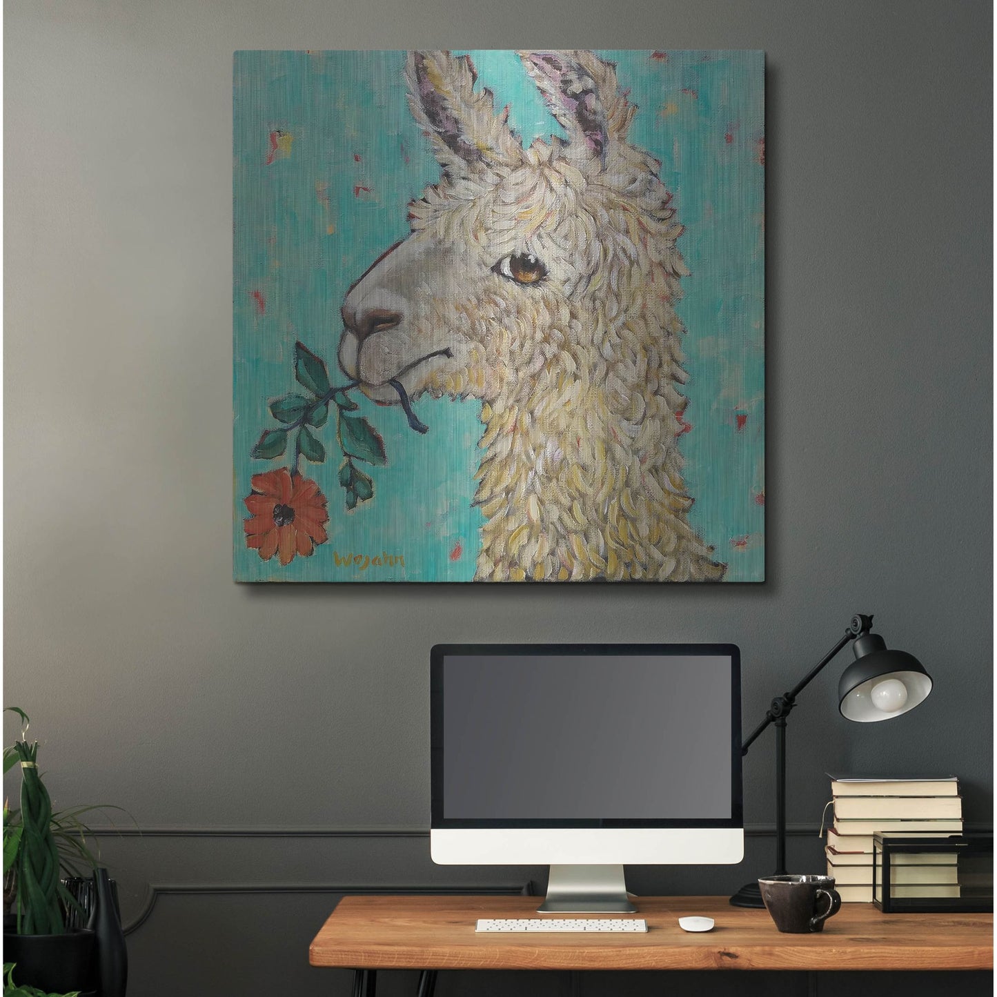 Luxe Metal Art 'Flower Eating Llama' by Holly Wojhan, Metal Wall Art,36x36