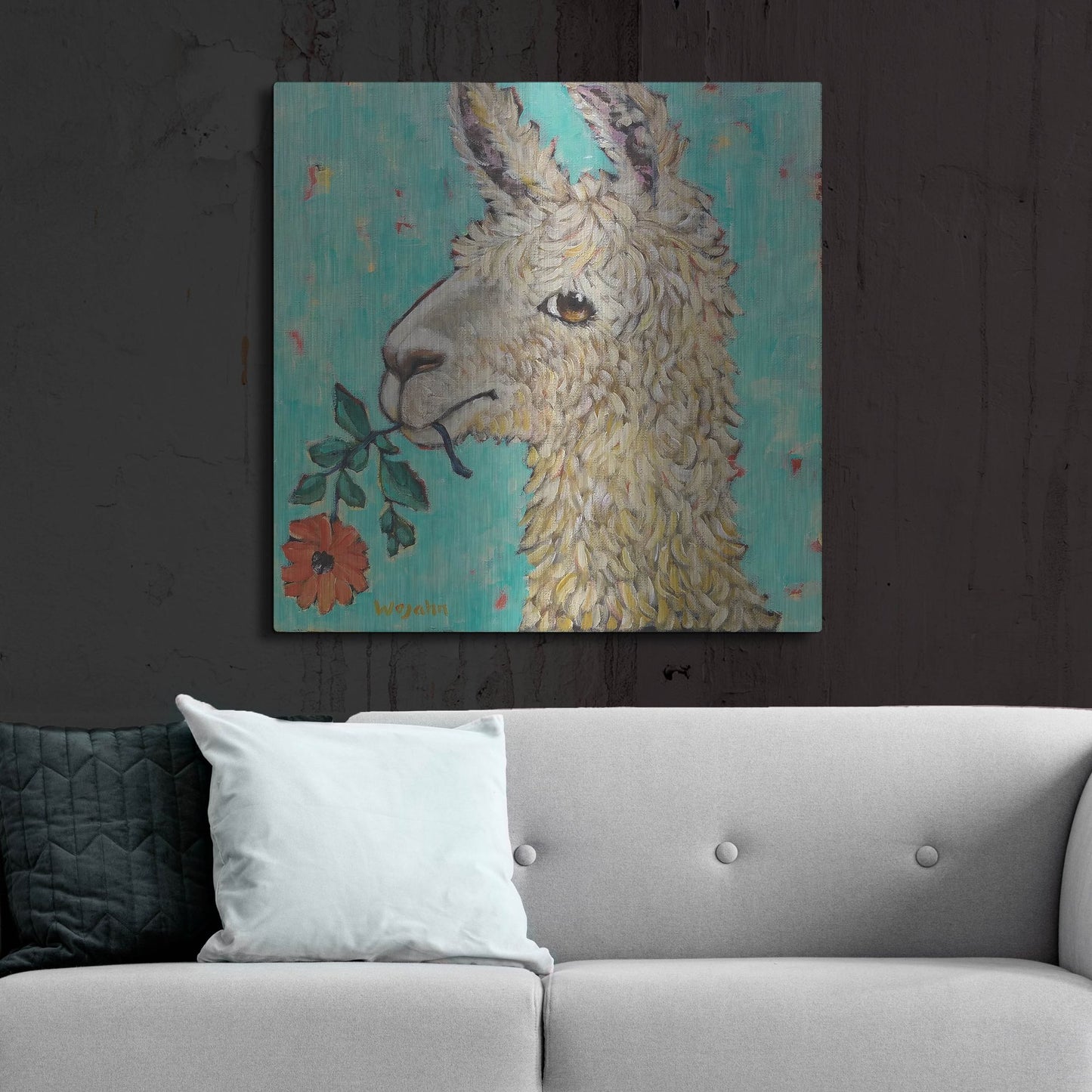 Luxe Metal Art 'Flower Eating Llama' by Holly Wojhan, Metal Wall Art,36x36