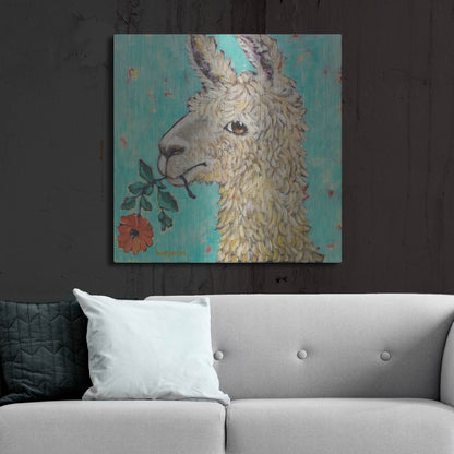 Luxe Metal Art 'Flower Eating Llama' by Holly Wojhan, Metal Wall Art,36x36