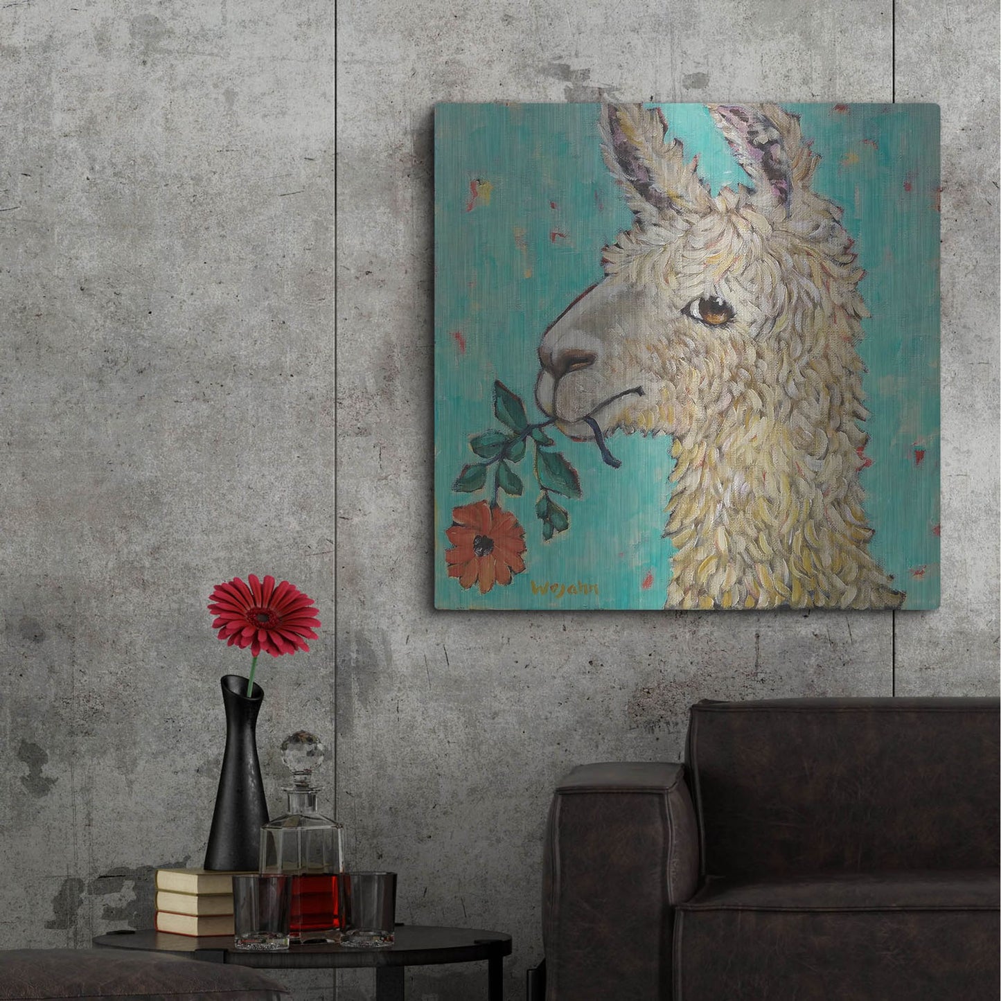 Luxe Metal Art 'Flower Eating Llama' by Holly Wojhan, Metal Wall Art,36x36