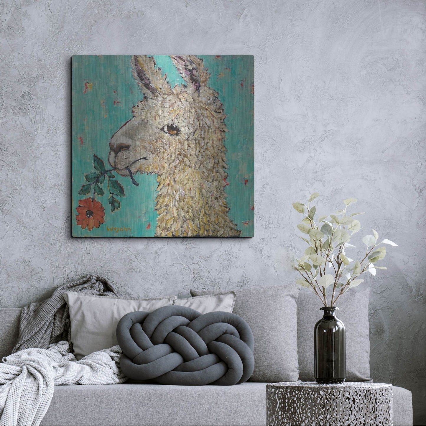 Luxe Metal Art 'Flower Eating Llama' by Holly Wojhan, Metal Wall Art,36x36