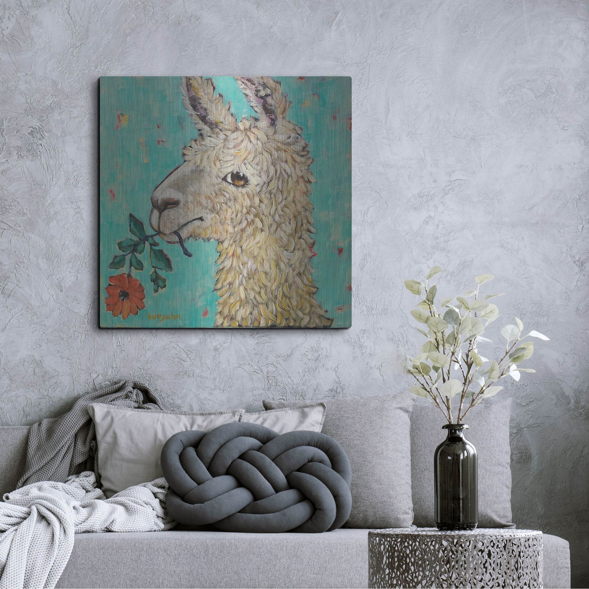 Luxe Metal Art 'Flower Eating Llama' by Holly Wojhan, Metal Wall Art,36x36