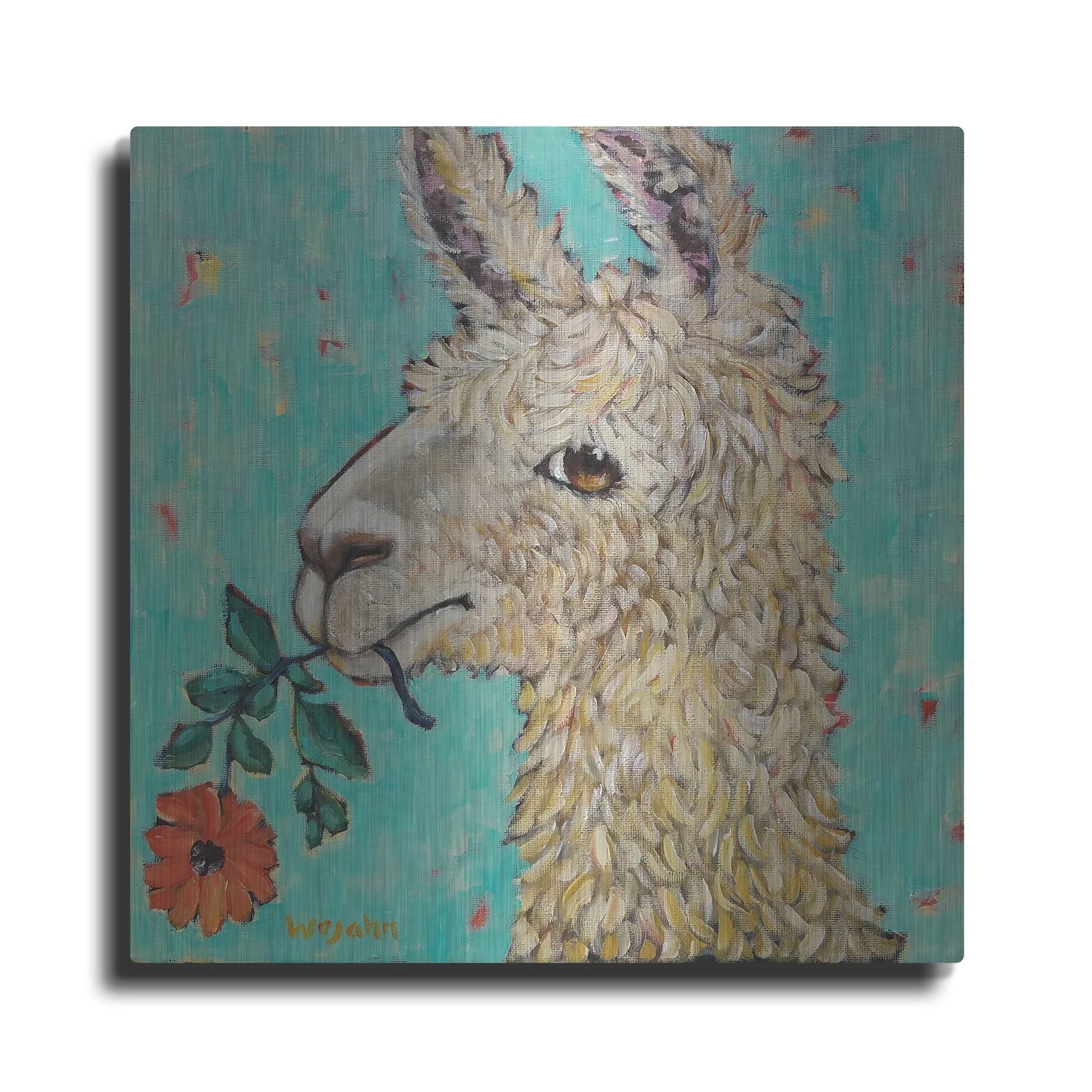Luxe Metal Art 'Flower Eating Llama' by Holly Wojhan, Metal Wall Art