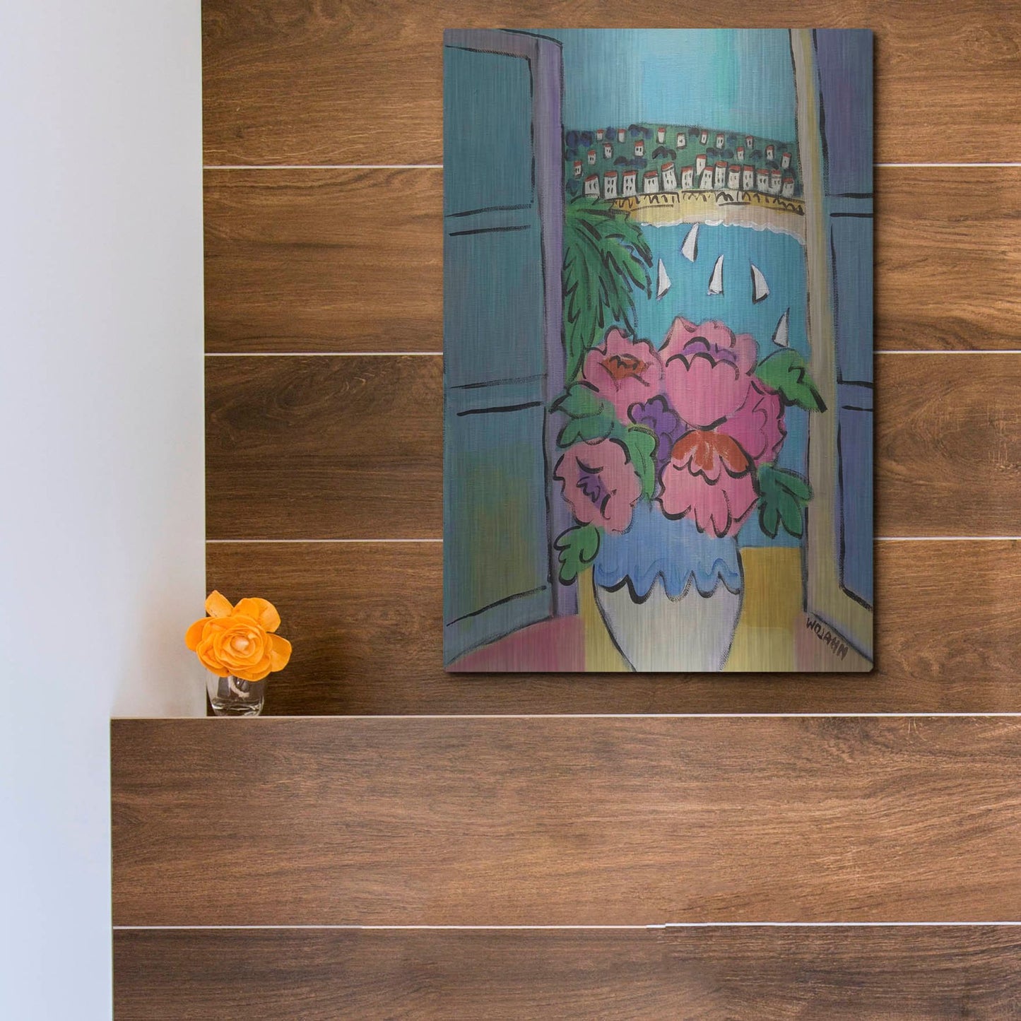 Luxe Metal Art 'Flowers at the Window' by Holly Wojhan, Metal Wall Art,12x16