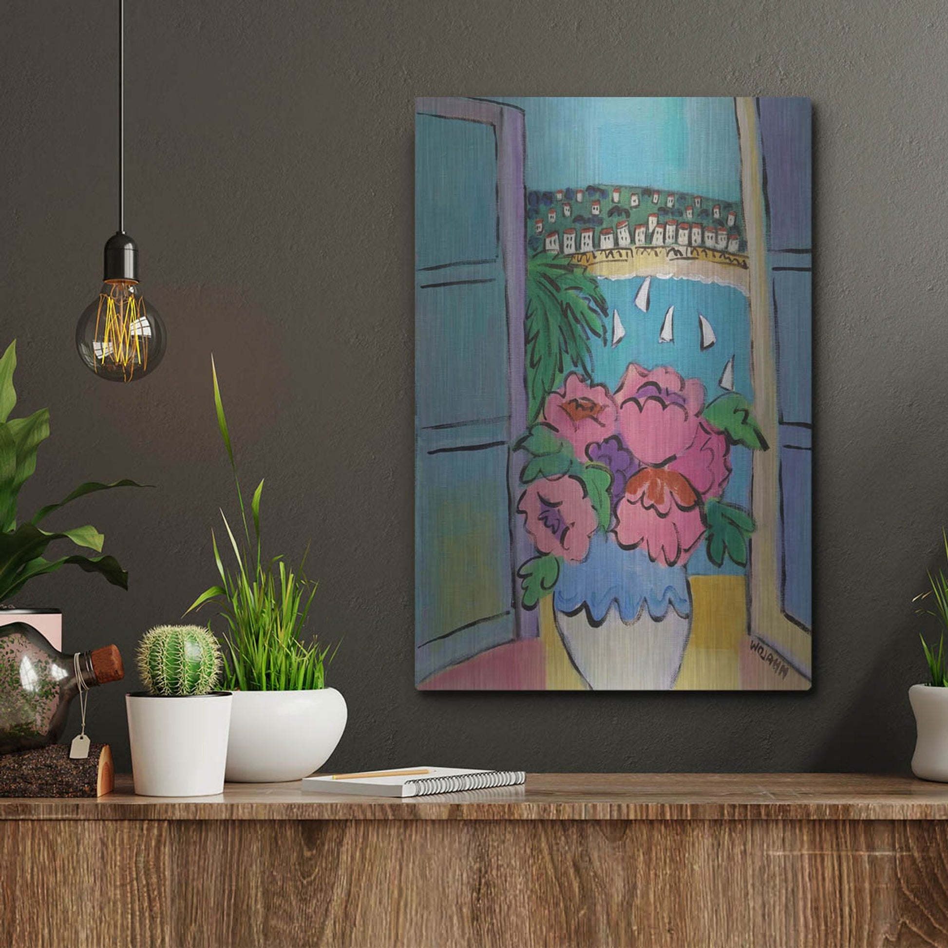 Luxe Metal Art 'Flowers at the Window' by Holly Wojhan, Metal Wall Art,12x16