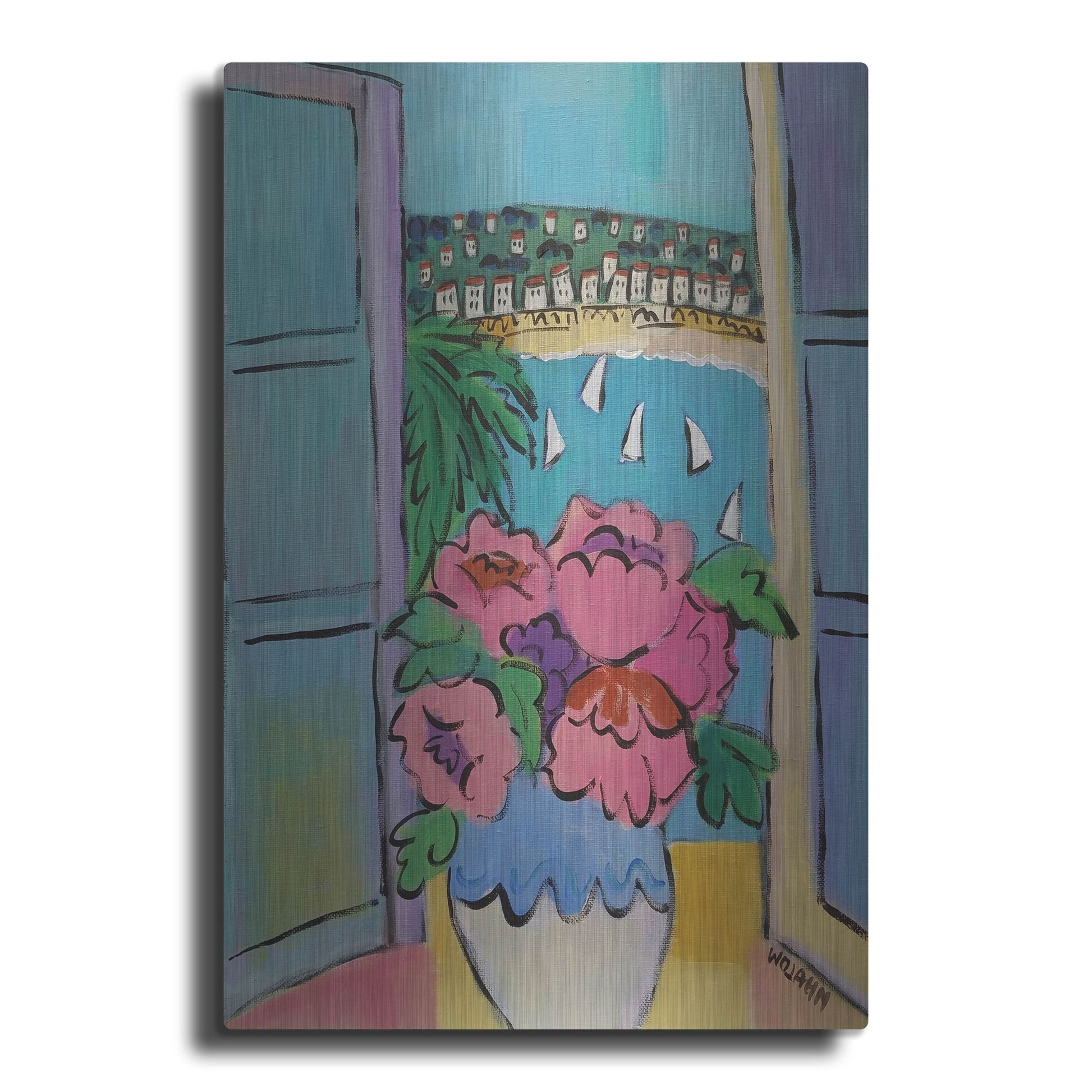 Luxe Metal Art 'Flowers at the Window' by Holly Wojhan, Metal Wall Art