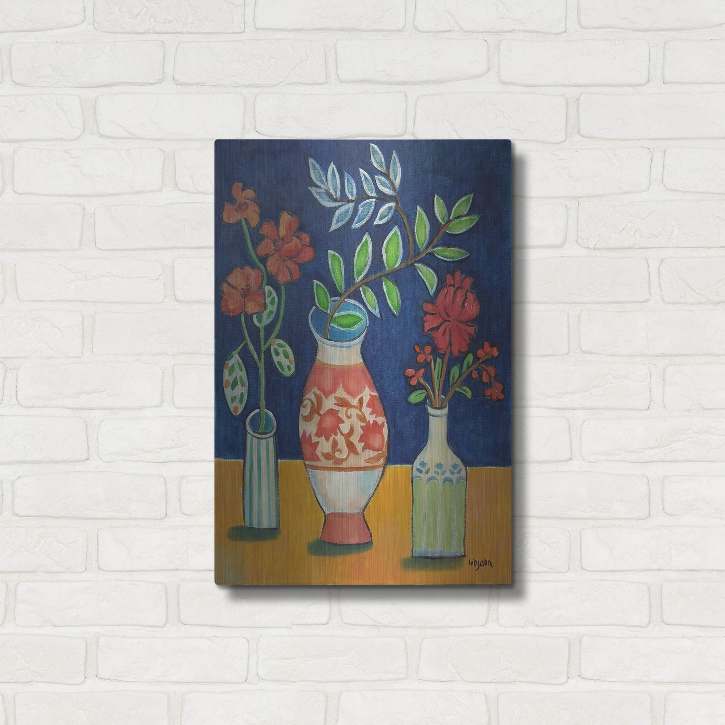 Luxe Metal Art 'More Flowers With Stripes' by Holly Wojhan, Metal Wall Art,16x24