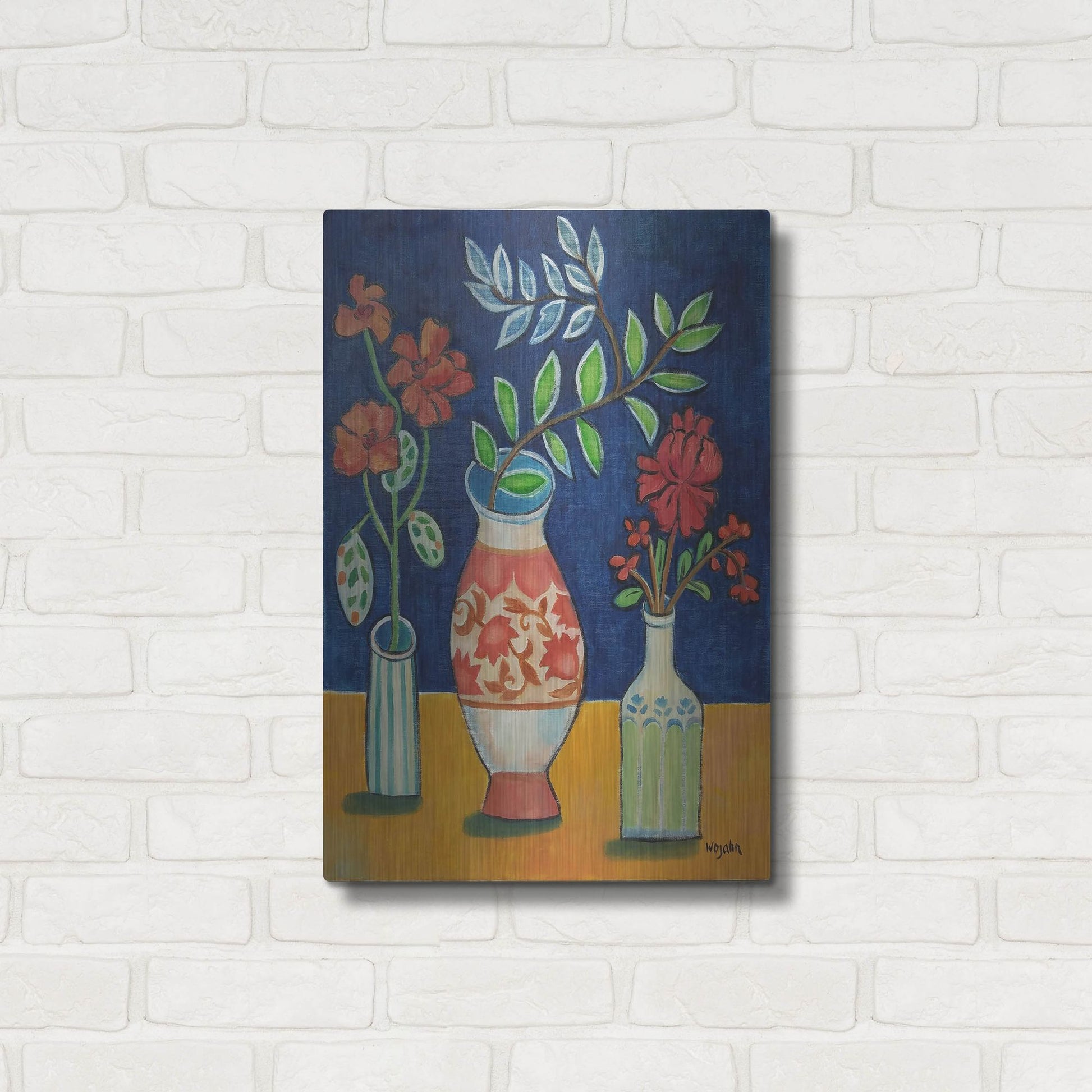 Luxe Metal Art 'More Flowers With Stripes' by Holly Wojhan, Metal Wall Art,16x24