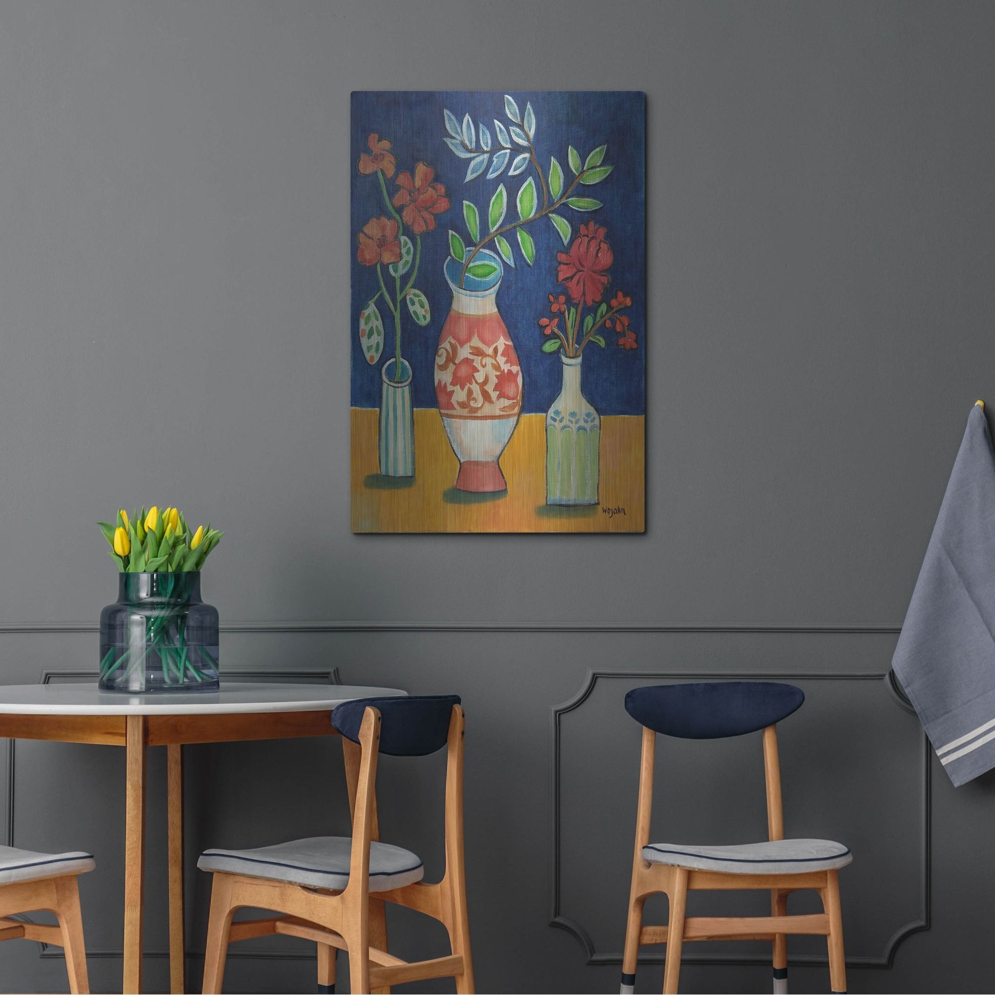 Luxe Metal Art 'More Flowers With Stripes' by Holly Wojhan, Metal Wall Art,24x36