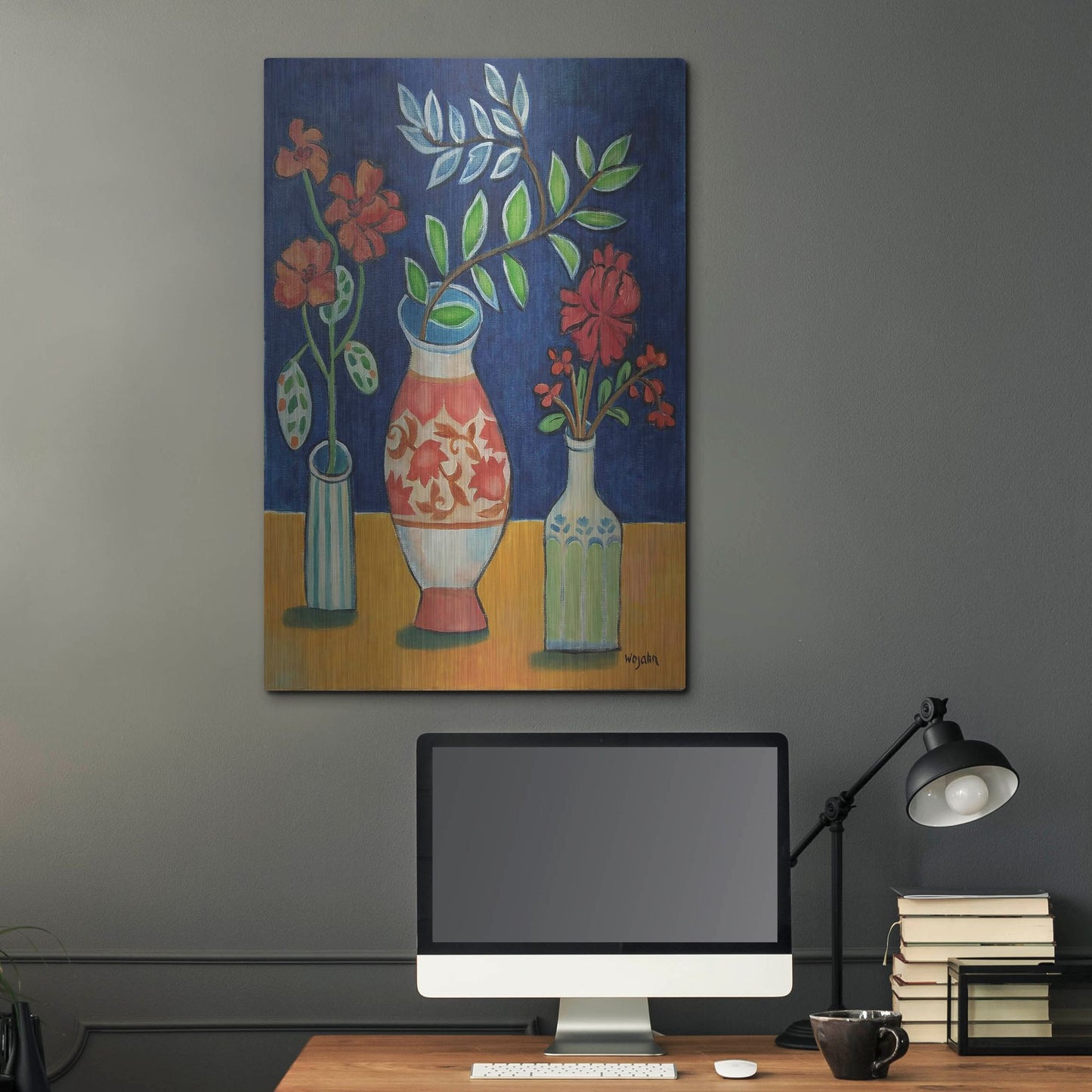 Luxe Metal Art 'More Flowers With Stripes' by Holly Wojhan, Metal Wall Art,24x36