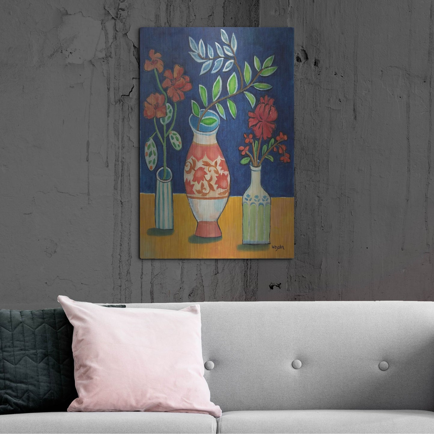 Luxe Metal Art 'More Flowers With Stripes' by Holly Wojhan, Metal Wall Art,24x36