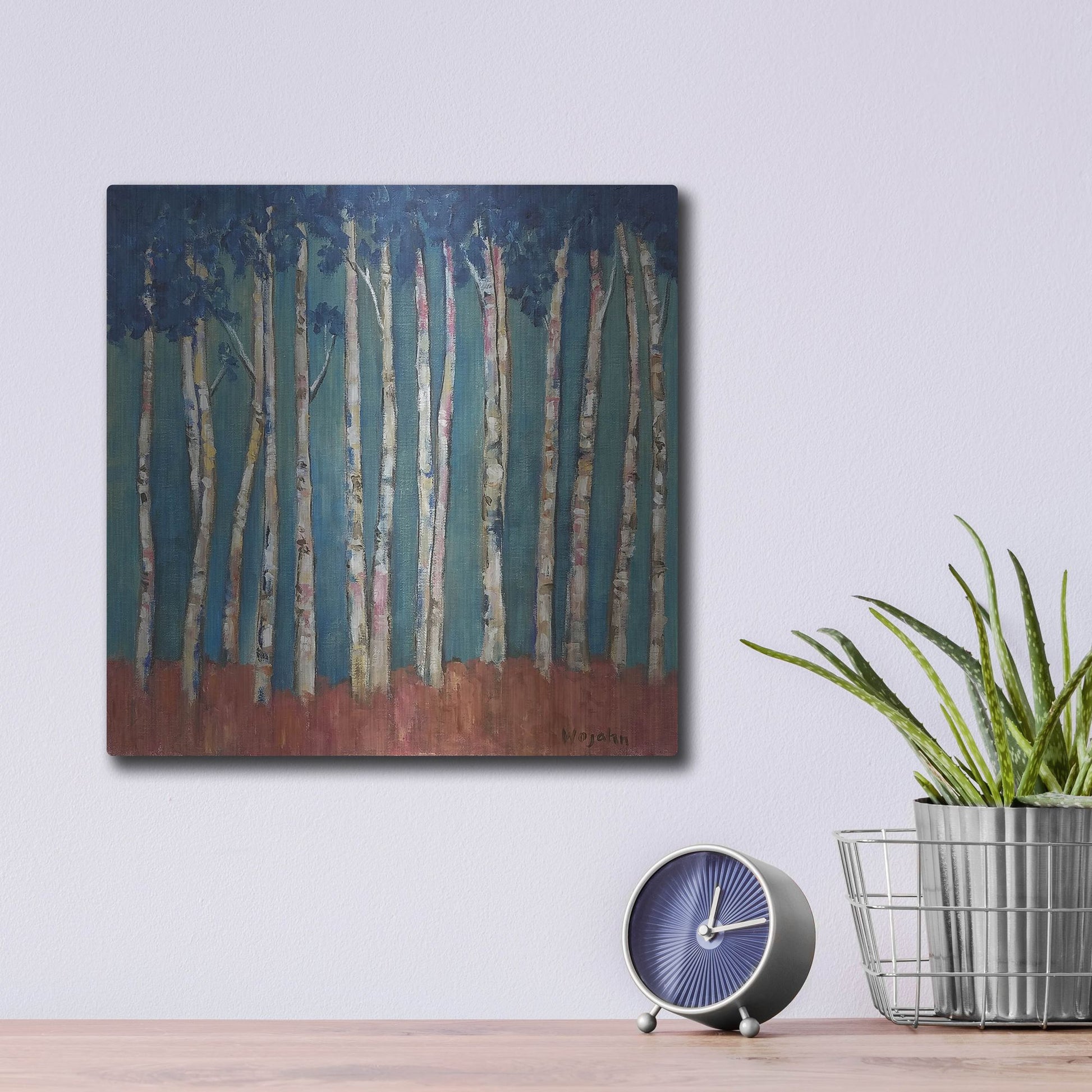 Luxe Metal Art 'Blue Trees' by Holly Wojhan, Metal Wall Art,12x12