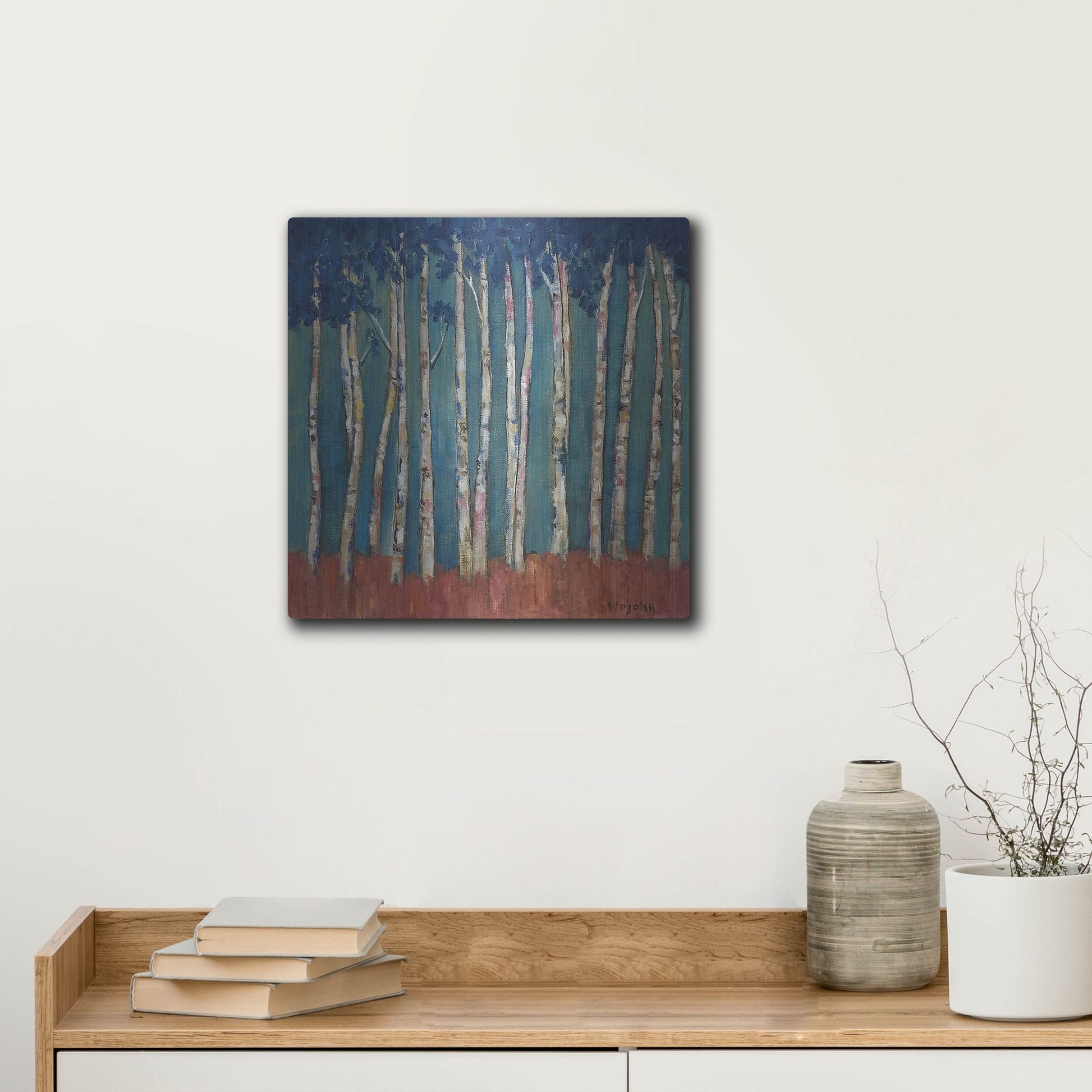 Luxe Metal Art 'Blue Trees' by Holly Wojhan, Metal Wall Art,12x12