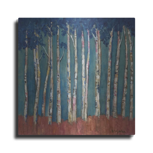 Luxe Metal Art 'Blue Trees' by Holly Wojhan, Metal Wall Art