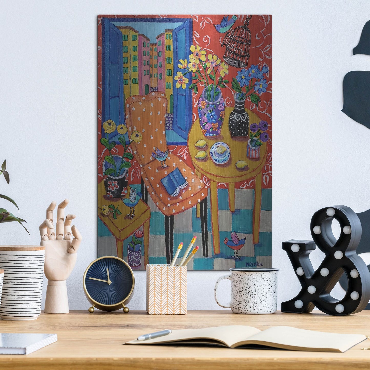 Luxe Metal Art 'Happy Interior-Menton' by Holly Wojhan, Metal Wall Art,12x16