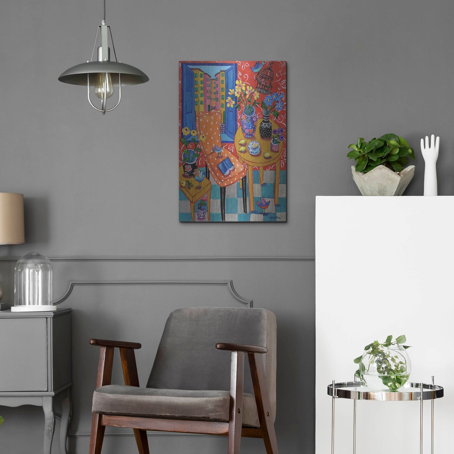 Luxe Metal Art 'Happy Interior-Menton' by Holly Wojhan, Metal Wall Art,16x24