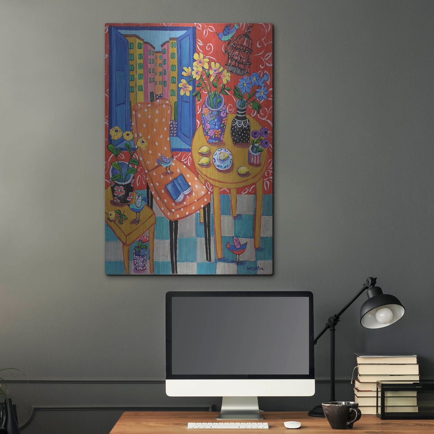 Luxe Metal Art 'Happy Interior-Menton' by Holly Wojhan, Metal Wall Art,24x36