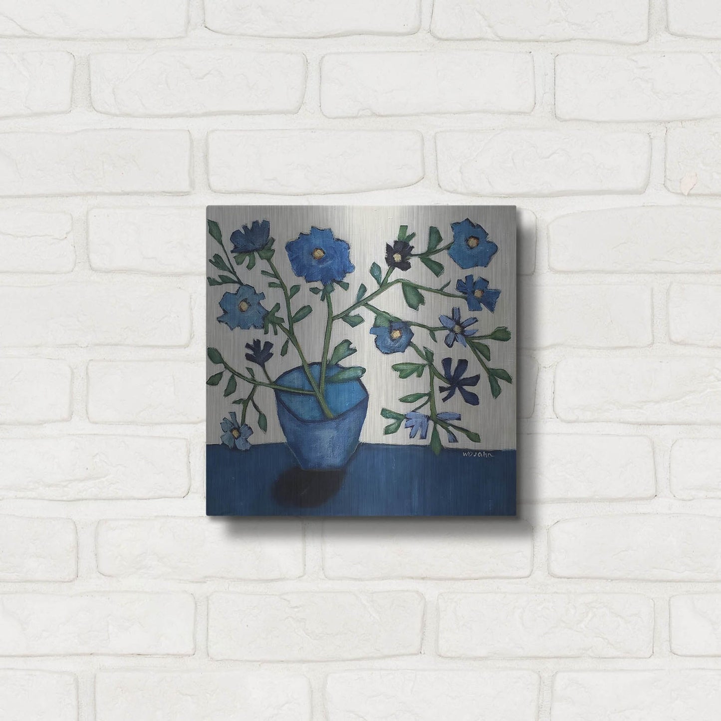 Luxe Metal Art 'Vase of Blue Flowers' by Holly Wojhan, Metal Wall Art,12x12