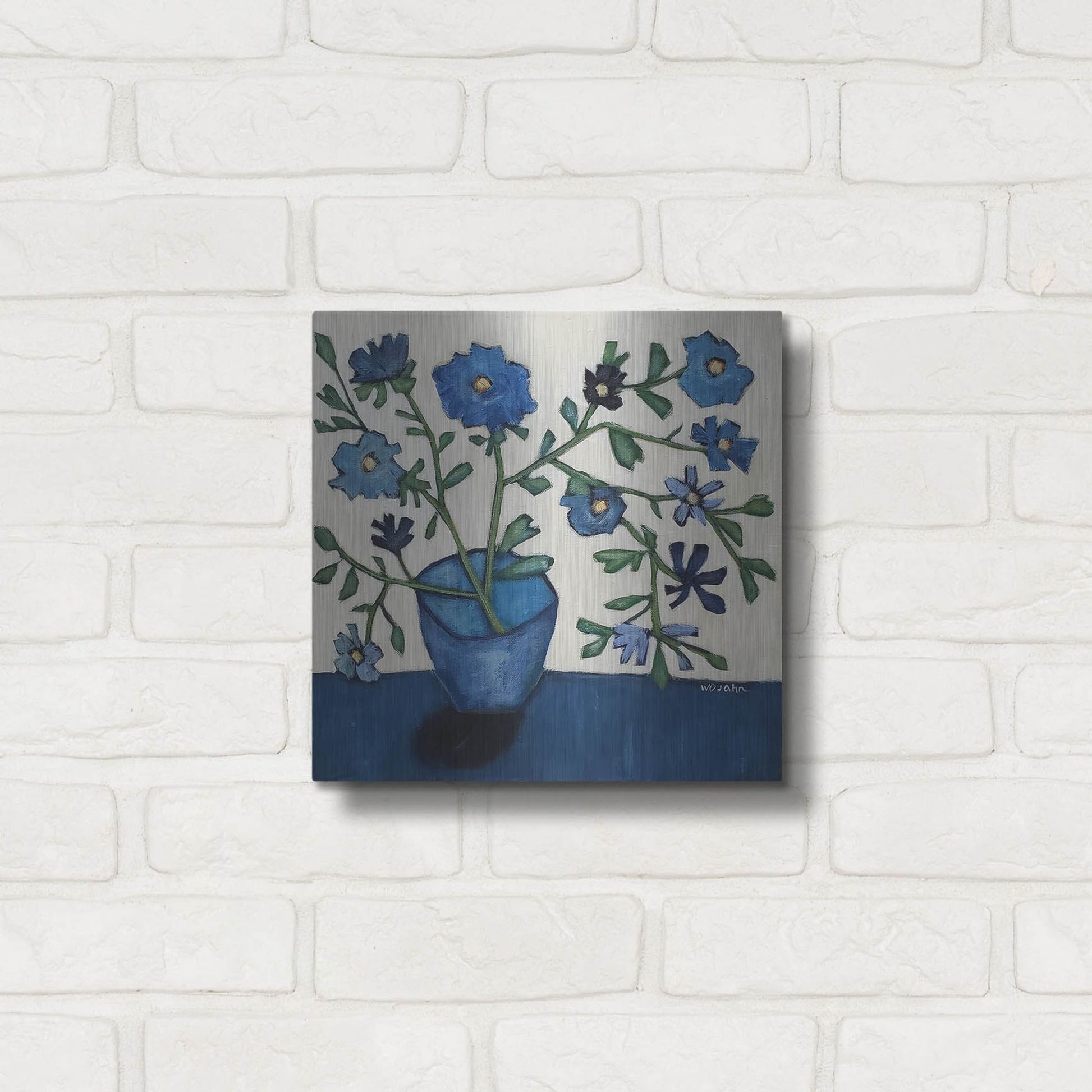 Luxe Metal Art 'Vase of Blue Flowers' by Holly Wojhan, Metal Wall Art,12x12