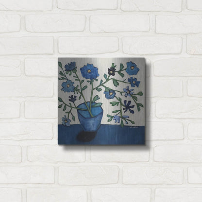 Luxe Metal Art 'Vase of Blue Flowers' by Holly Wojhan, Metal Wall Art,12x12