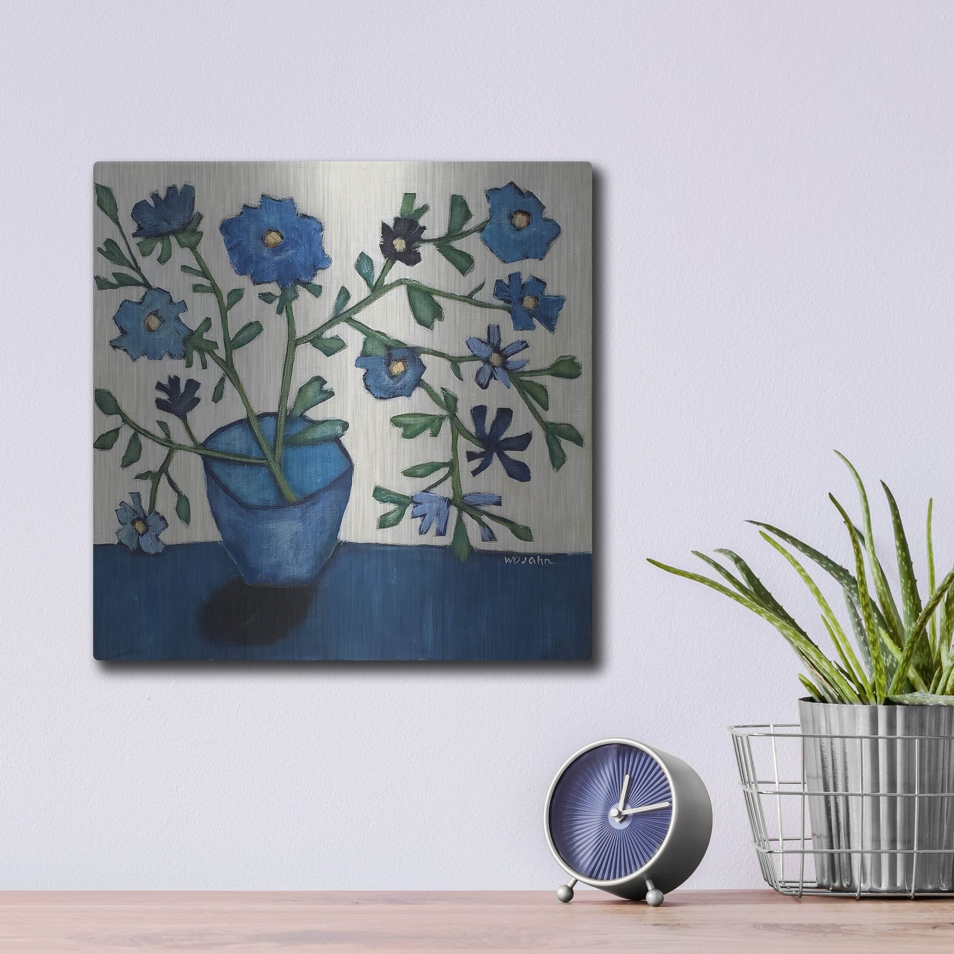 Luxe Metal Art 'Vase of Blue Flowers' by Holly Wojhan, Metal Wall Art,12x12