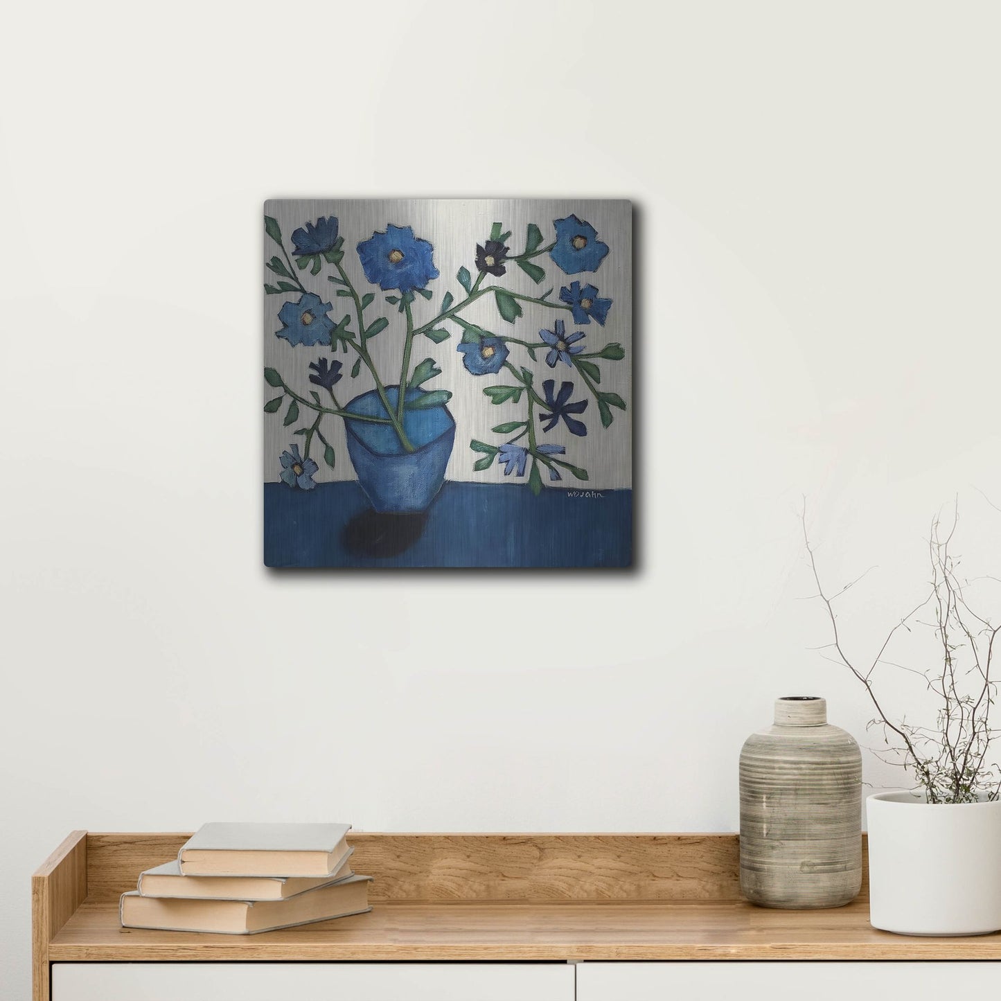 Luxe Metal Art 'Vase of Blue Flowers' by Holly Wojhan, Metal Wall Art,12x12