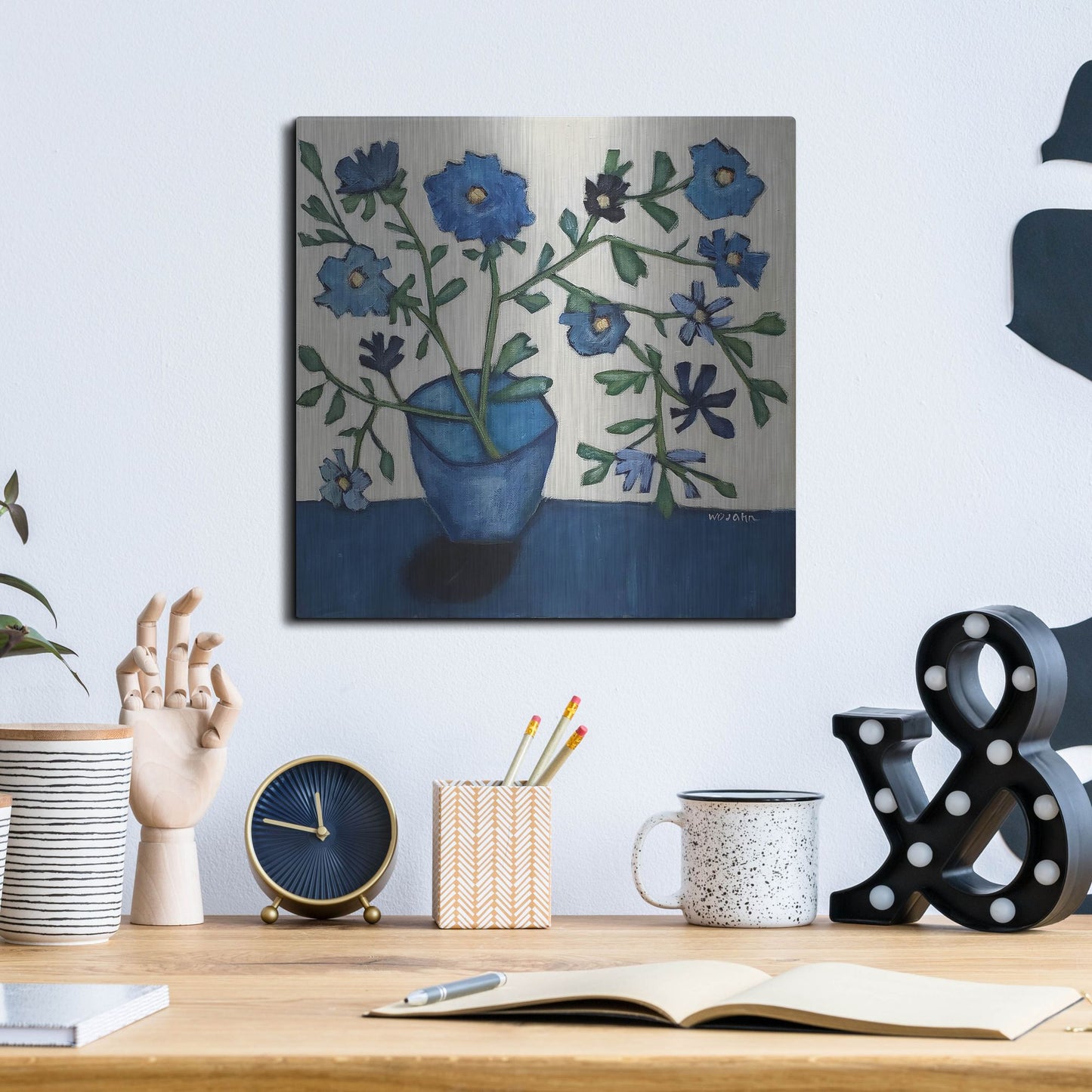 Luxe Metal Art 'Vase of Blue Flowers' by Holly Wojhan, Metal Wall Art,12x12