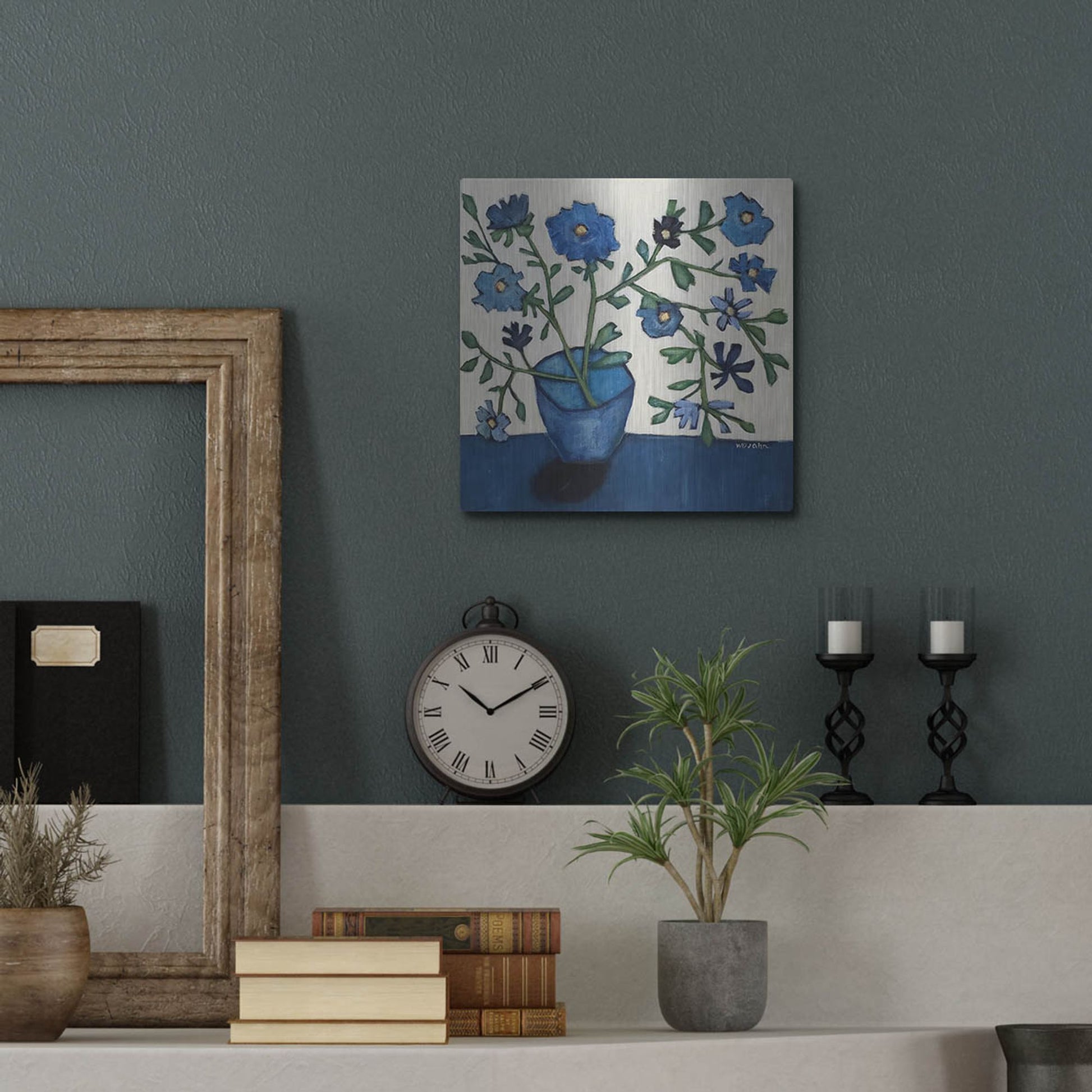 Luxe Metal Art 'Vase of Blue Flowers' by Holly Wojhan, Metal Wall Art,12x12
