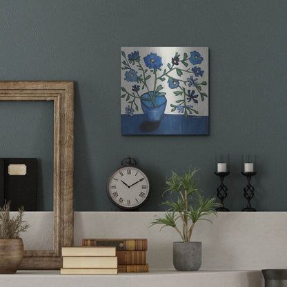 Luxe Metal Art 'Vase of Blue Flowers' by Holly Wojhan, Metal Wall Art,12x12