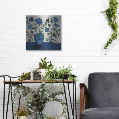 Luxe Metal Art 'Vase of Blue Flowers' by Holly Wojhan, Metal Wall Art,12x12