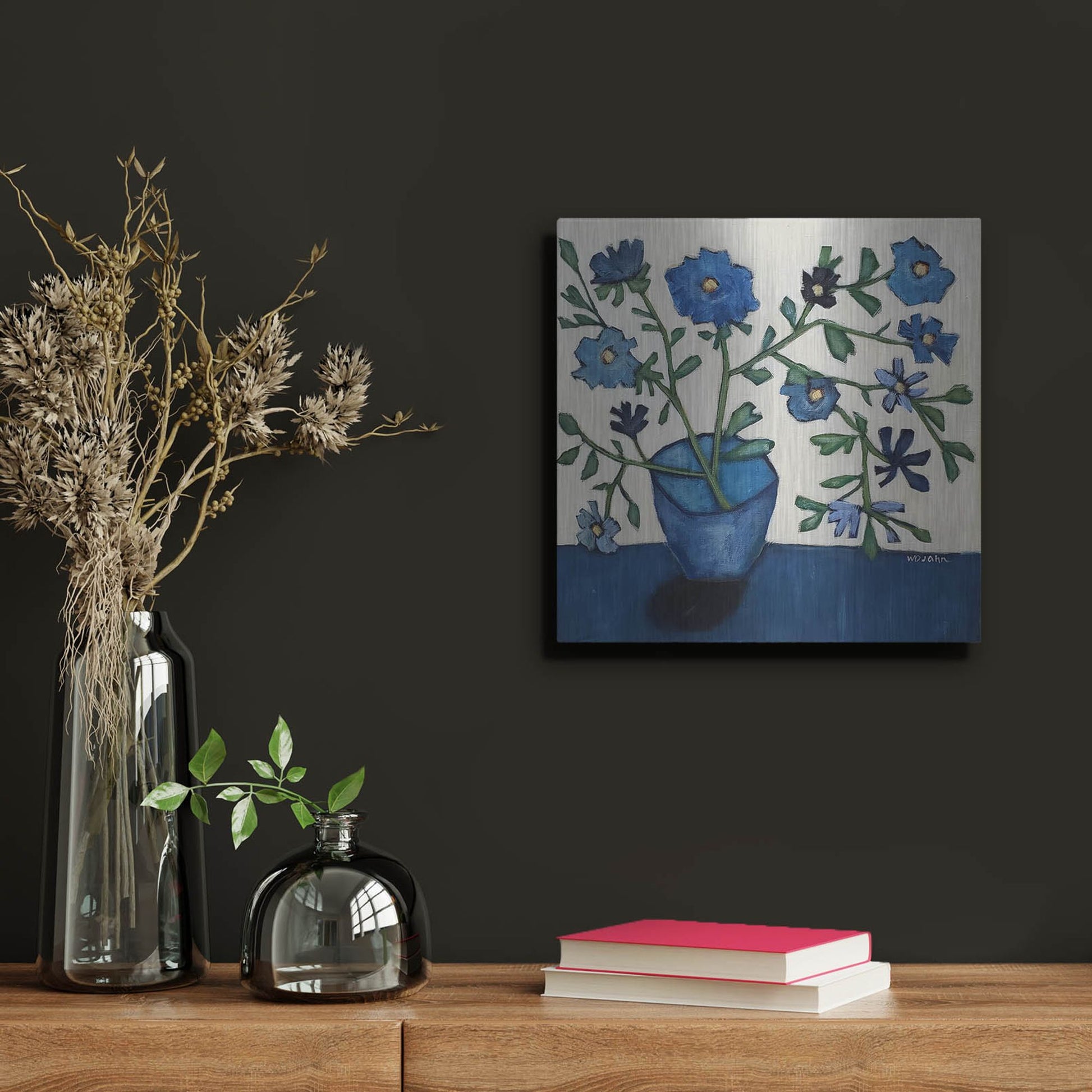 Luxe Metal Art 'Vase of Blue Flowers' by Holly Wojhan, Metal Wall Art,12x12