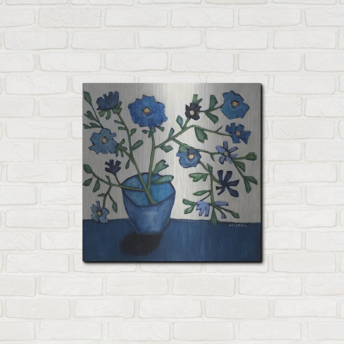 Luxe Metal Art 'Vase of Blue Flowers' by Holly Wojhan, Metal Wall Art,24x24