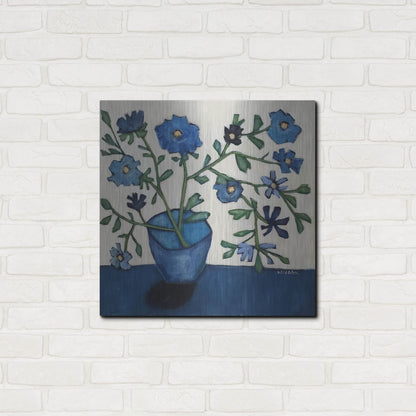 Luxe Metal Art 'Vase of Blue Flowers' by Holly Wojhan, Metal Wall Art,24x24