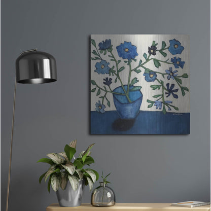 Luxe Metal Art 'Vase of Blue Flowers' by Holly Wojhan, Metal Wall Art,24x24