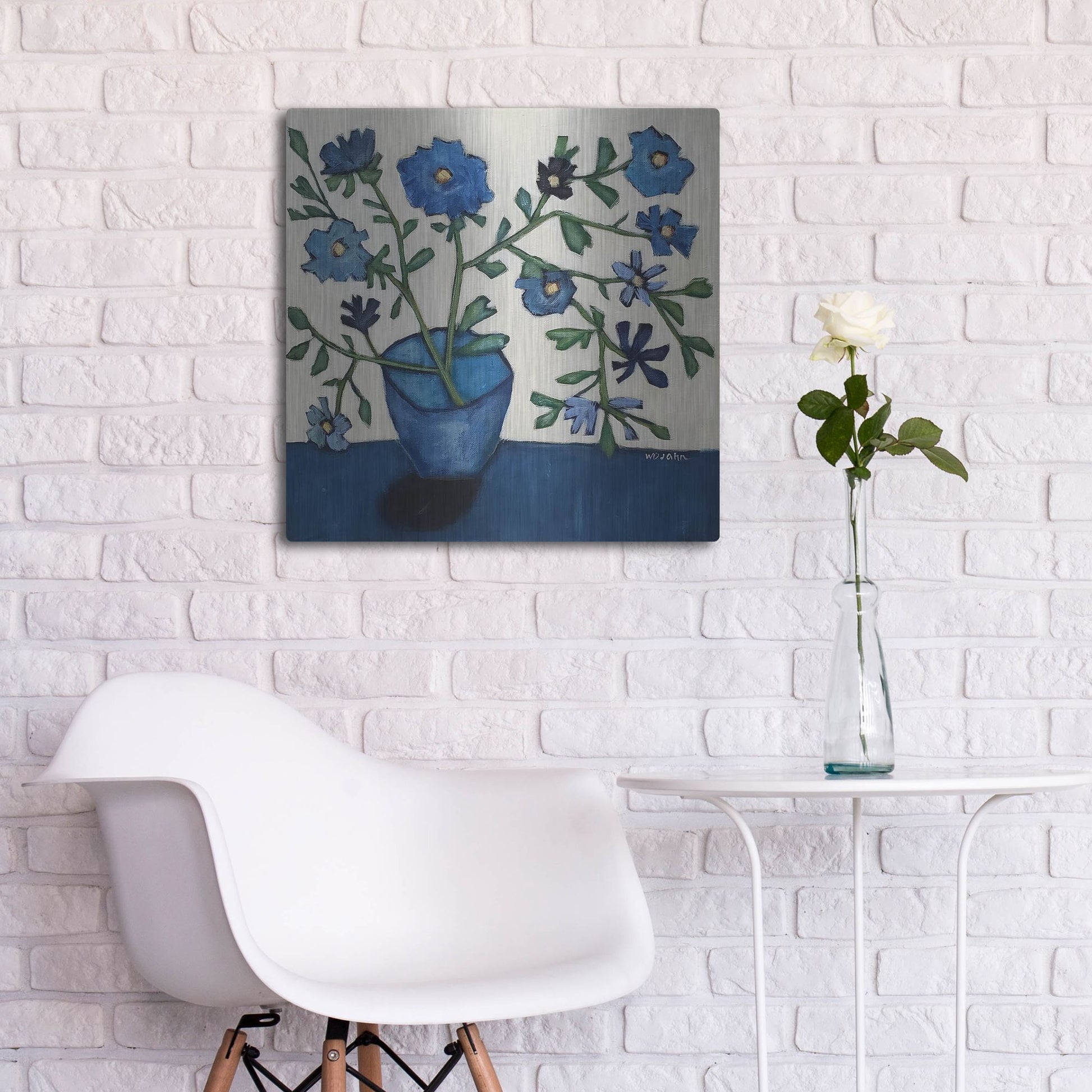 Luxe Metal Art 'Vase of Blue Flowers' by Holly Wojhan, Metal Wall Art,24x24