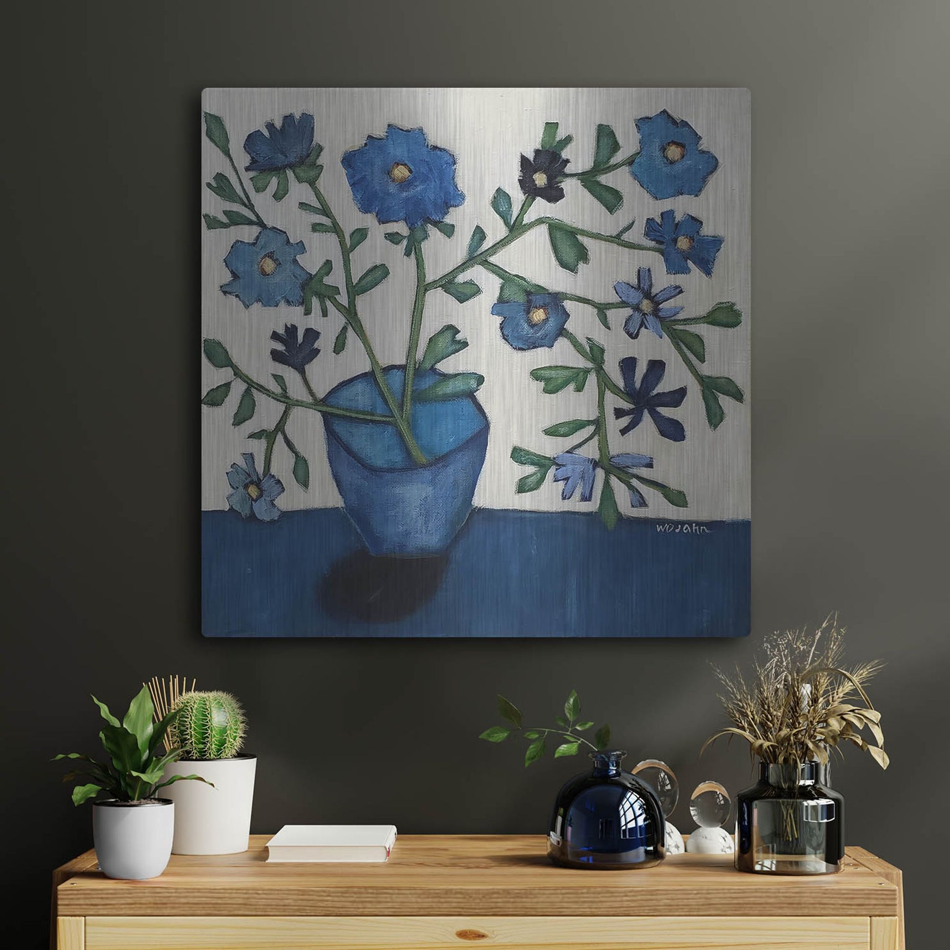 Luxe Metal Art 'Vase of Blue Flowers' by Holly Wojhan, Metal Wall Art,24x24