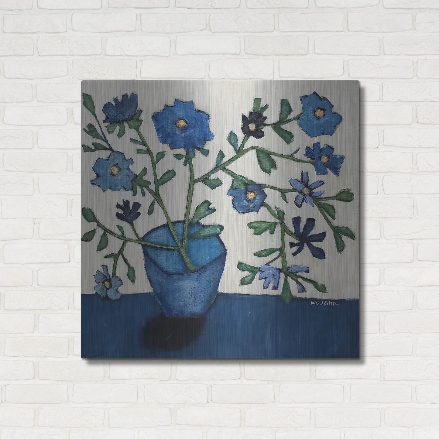 Luxe Metal Art 'Vase of Blue Flowers' by Holly Wojhan, Metal Wall Art,36x36