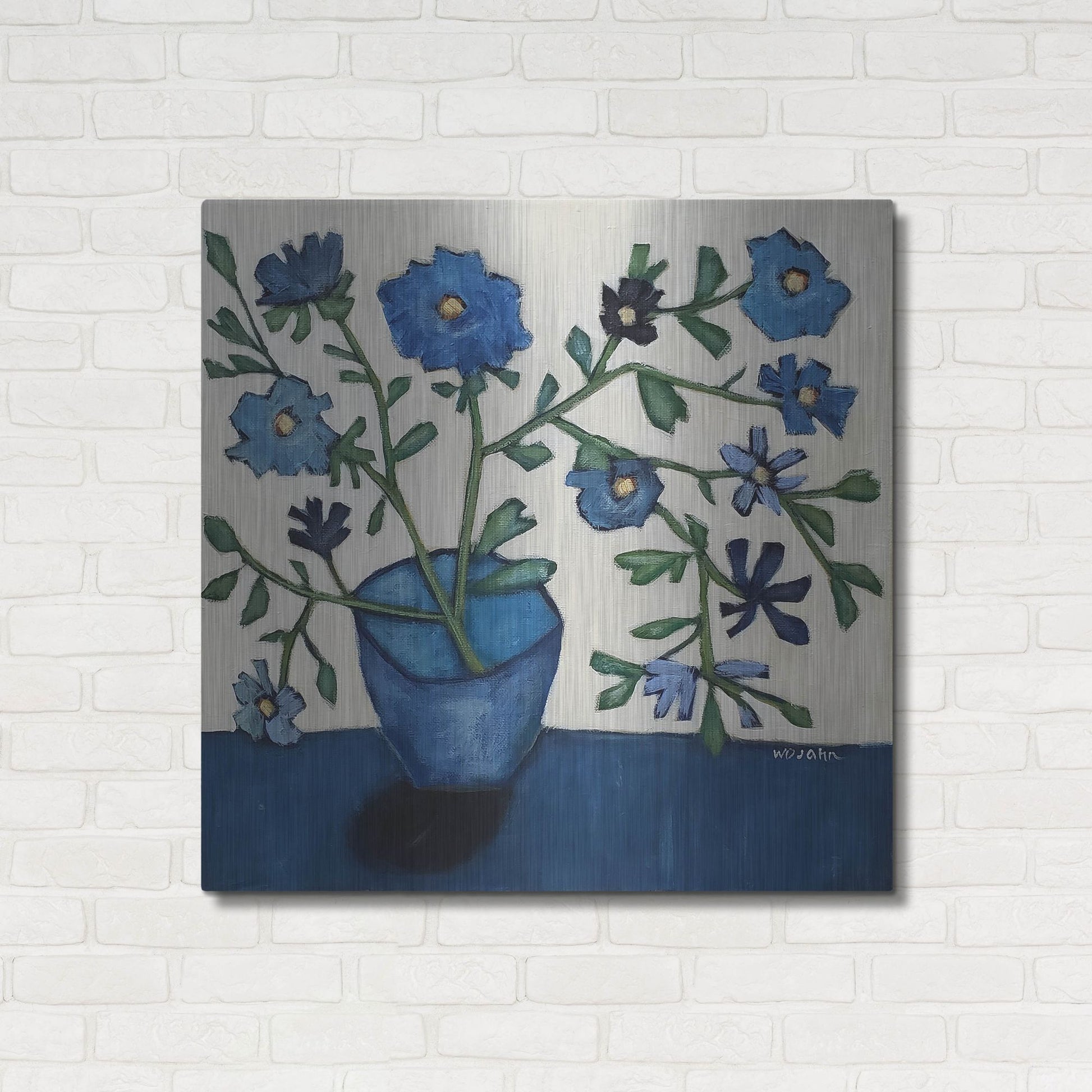 Luxe Metal Art 'Vase of Blue Flowers' by Holly Wojhan, Metal Wall Art,36x36