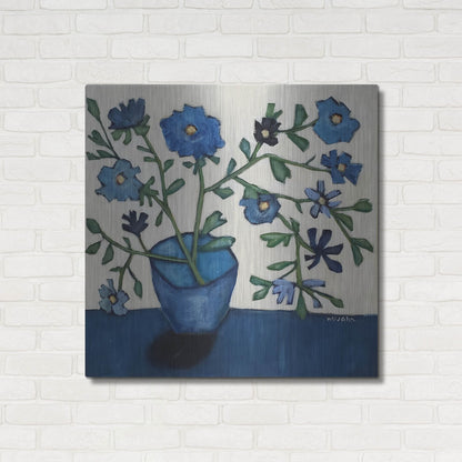 Luxe Metal Art 'Vase of Blue Flowers' by Holly Wojhan, Metal Wall Art,36x36