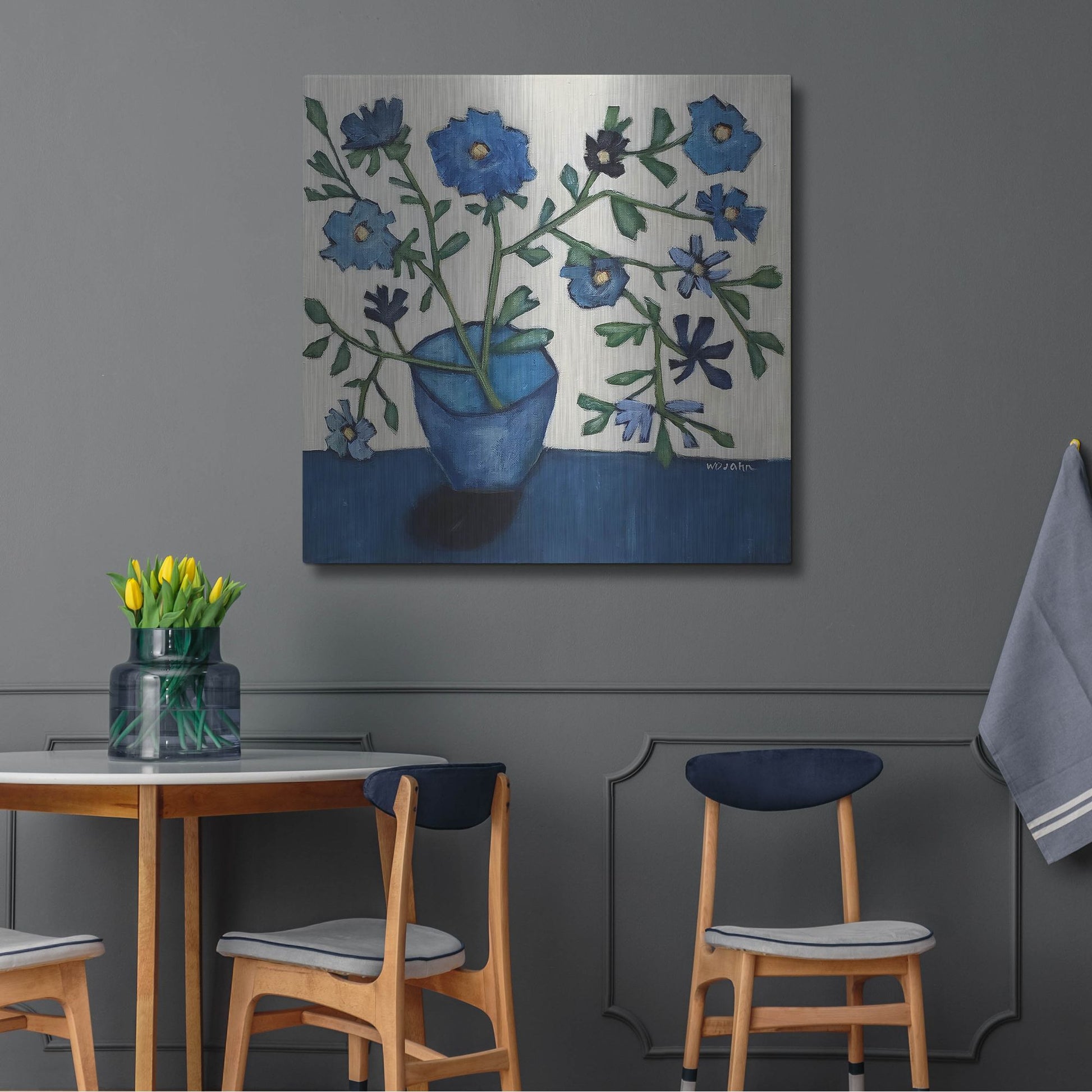 Luxe Metal Art 'Vase of Blue Flowers' by Holly Wojhan, Metal Wall Art,36x36