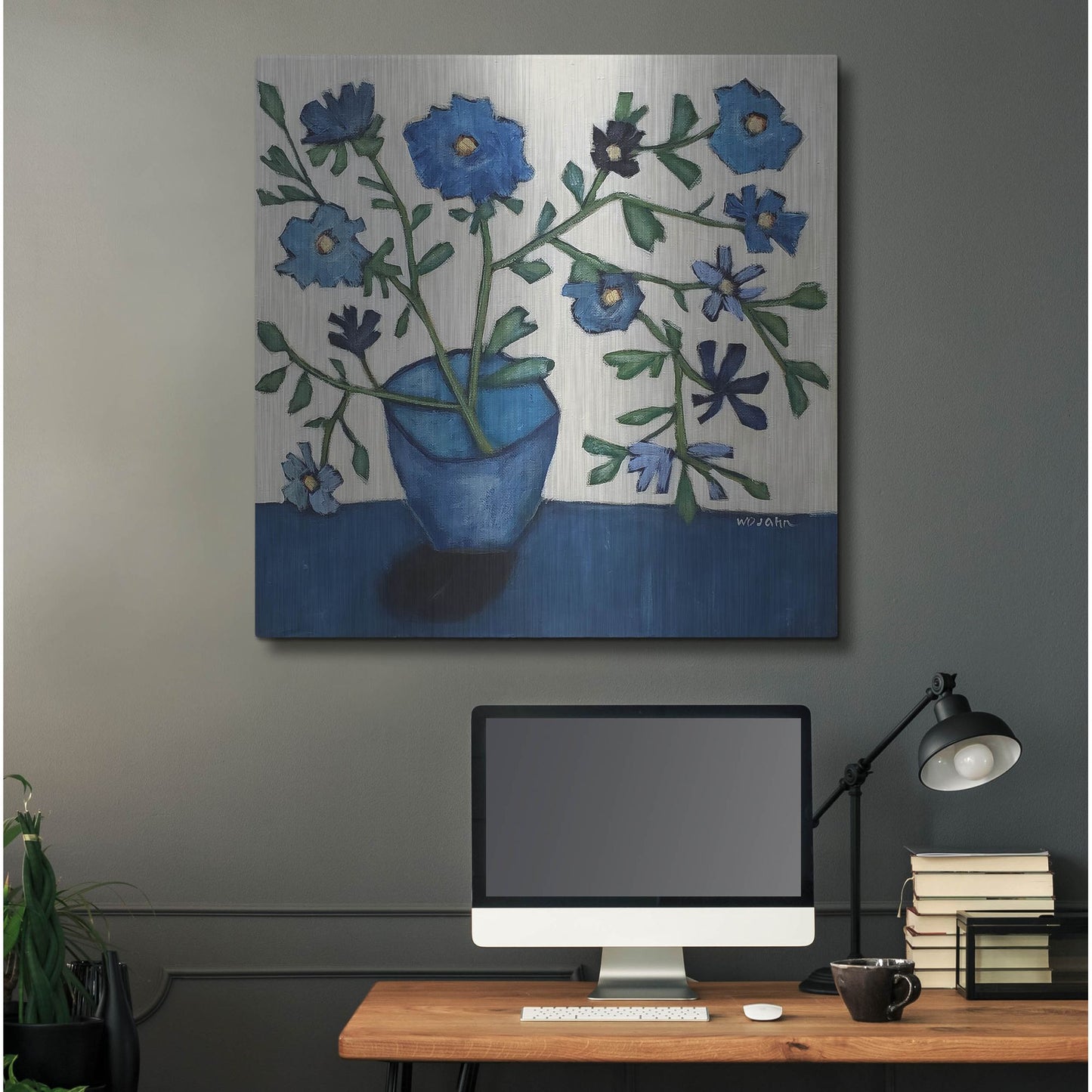 Luxe Metal Art 'Vase of Blue Flowers' by Holly Wojhan, Metal Wall Art,36x36