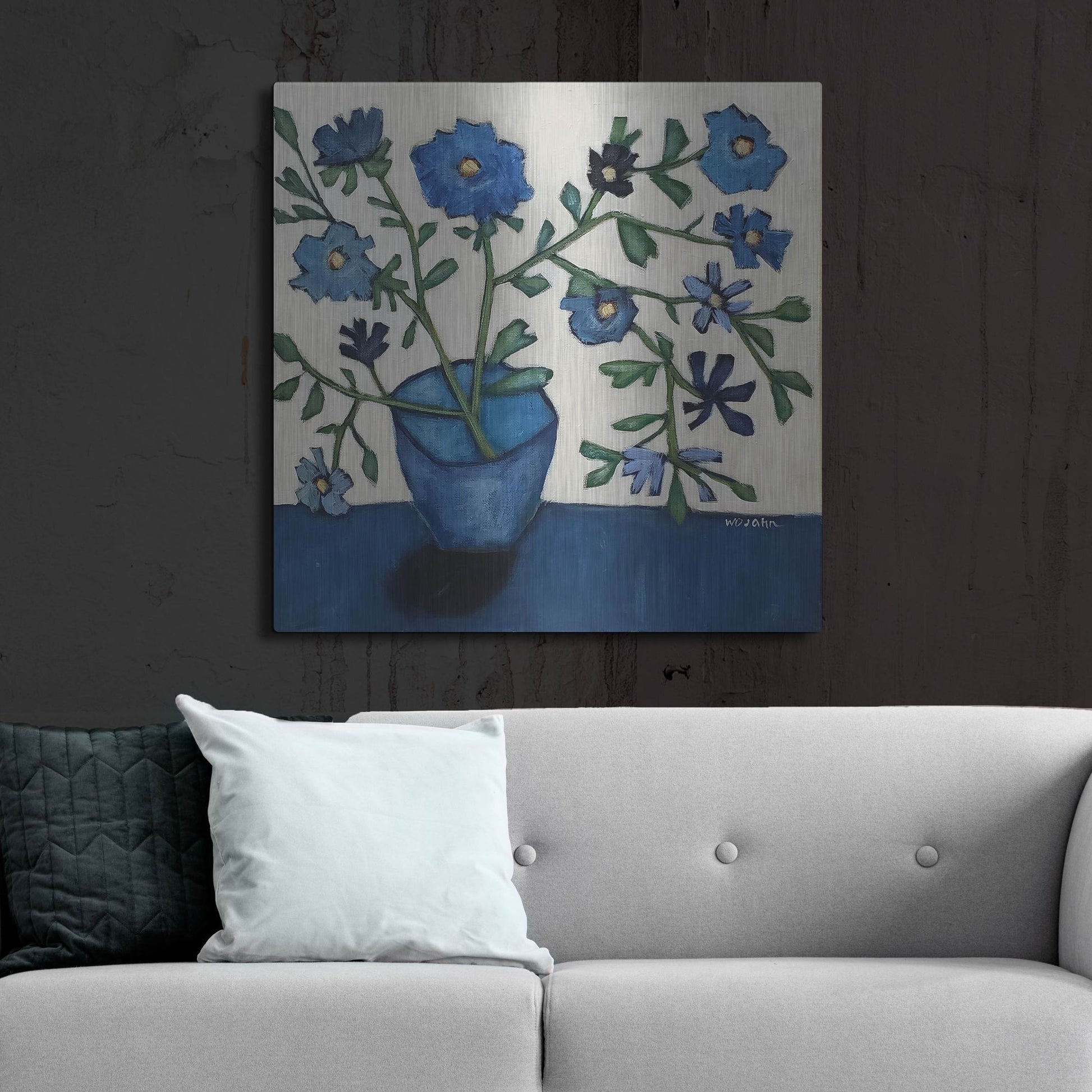 Luxe Metal Art 'Vase of Blue Flowers' by Holly Wojhan, Metal Wall Art,36x36