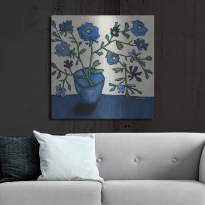 Luxe Metal Art 'Vase of Blue Flowers' by Holly Wojhan, Metal Wall Art,36x36