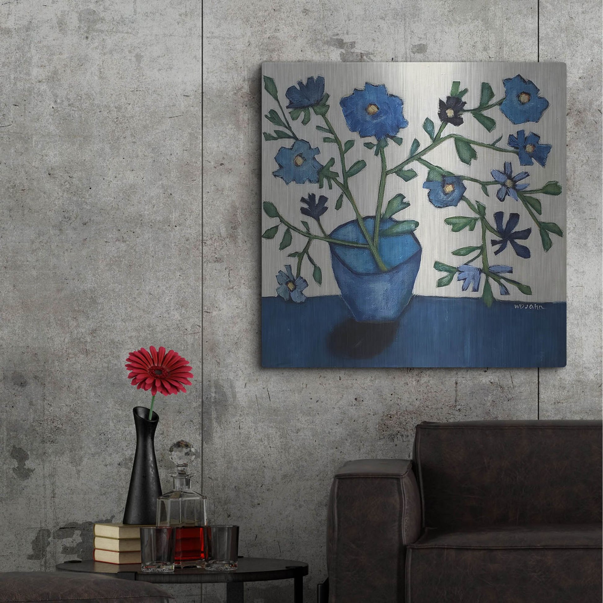 Luxe Metal Art 'Vase of Blue Flowers' by Holly Wojhan, Metal Wall Art,36x36